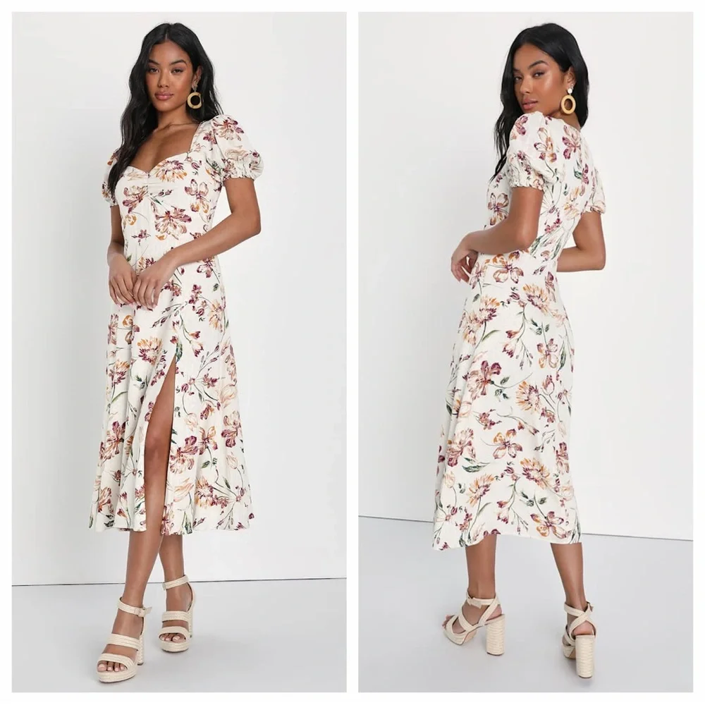 Lulus Parisian Picnic Cream Floral Jacquard Puff Sleeve Midi Dress - Picture 1 of 7